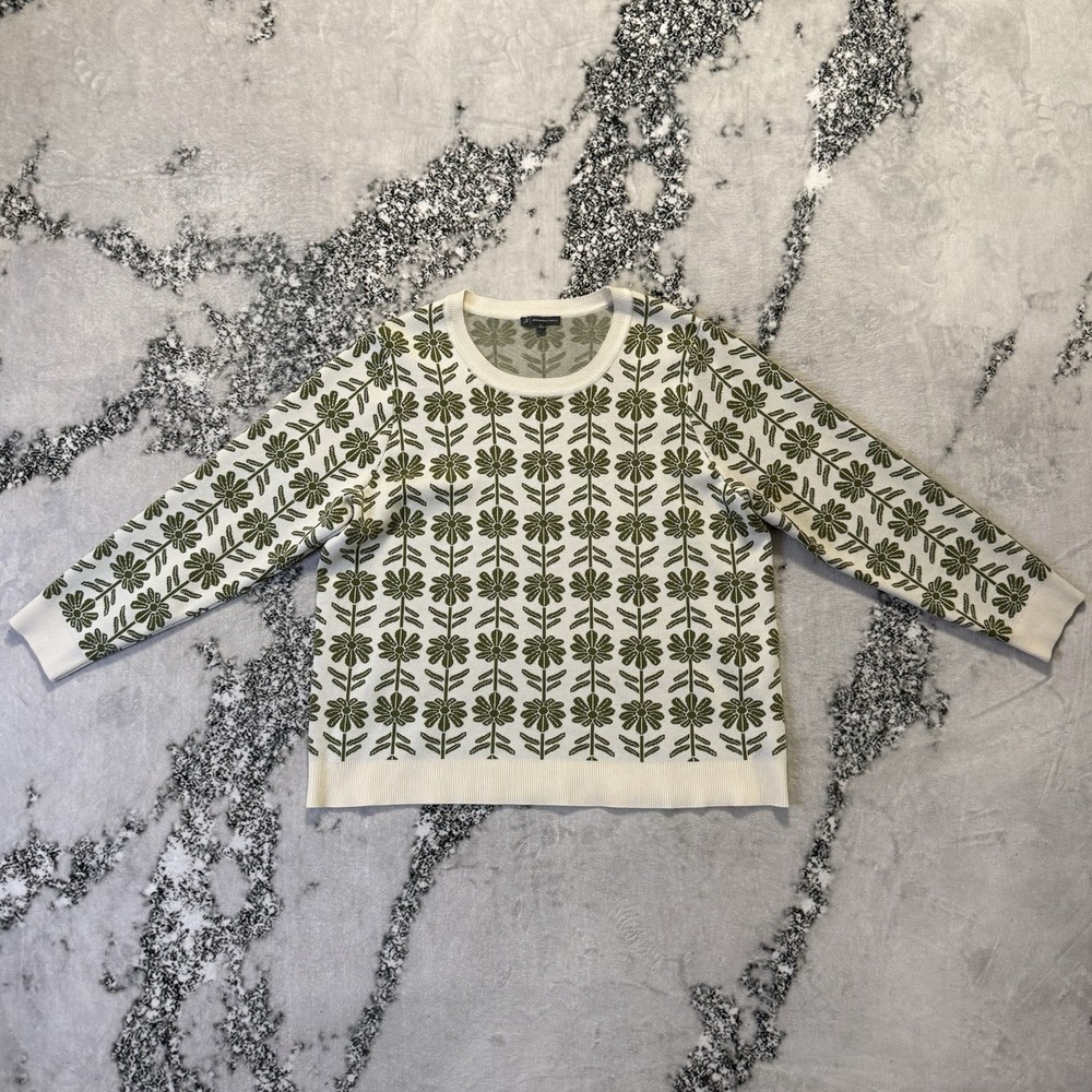 Adrianna Papell Sweater Womens Size 2X Green Cream‎ Floral Jacquard Long Sleeves